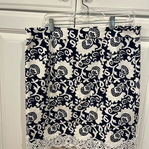 Talbots Stretch Cotton Lace Trim Blue & White Floral Print Skirt, 12